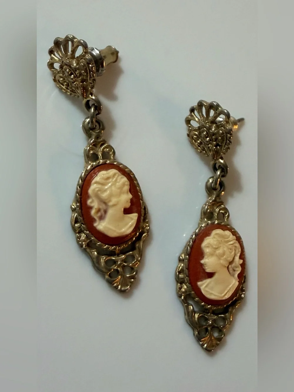 Vintage Gold Cameo Drop Earrings in Cream and Brown